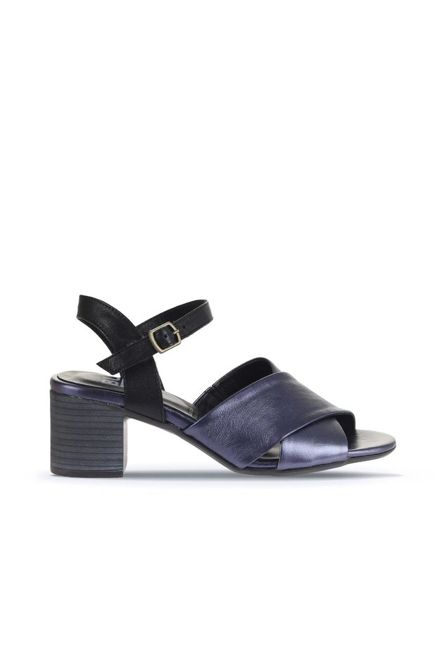 Navy Blue Shiny Leather Women's Heeled Sandals 01Wa2810