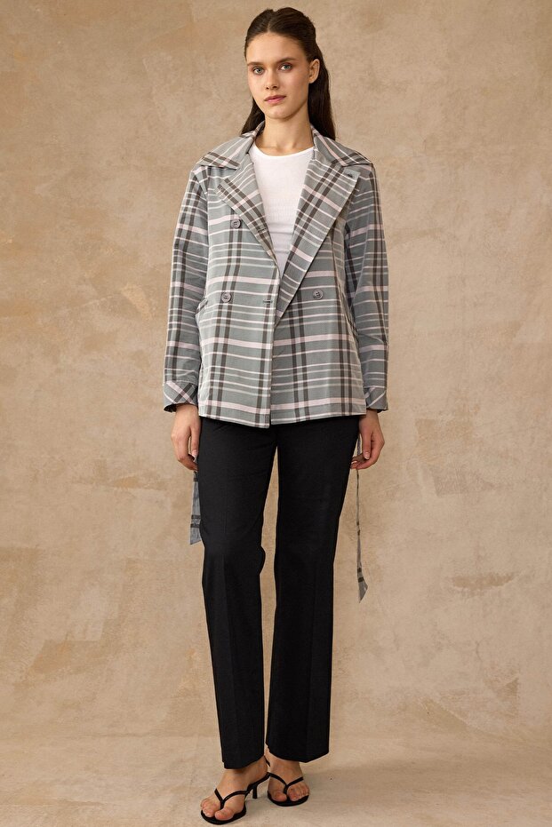 Plaid Patterned Unlined Short Trench Coat Pudra 6848