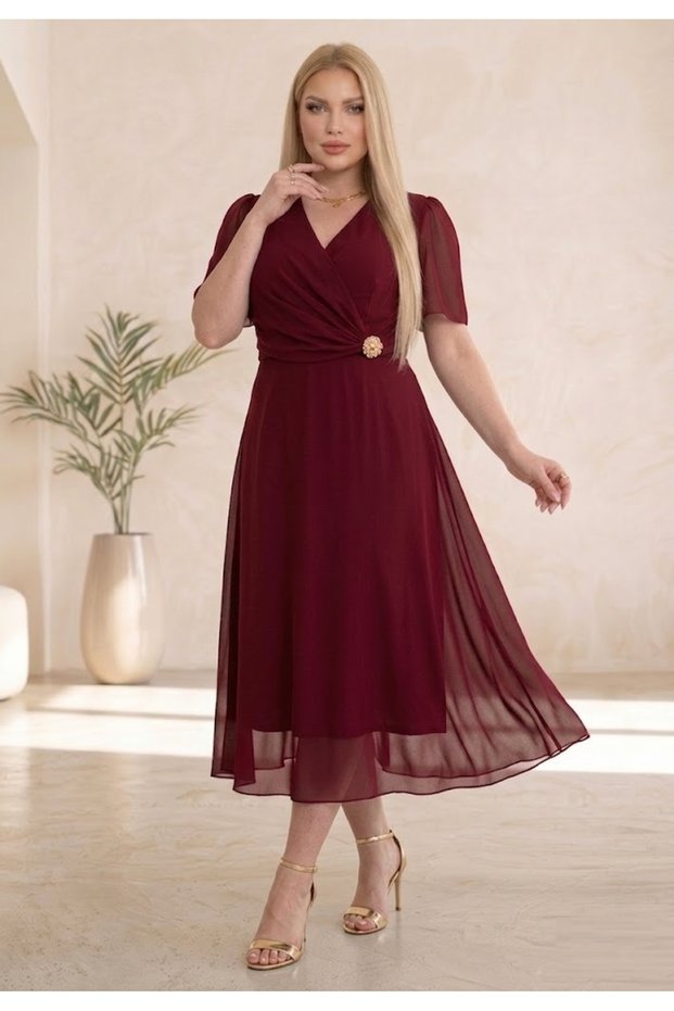 Women's Plus Size Short Sleeve Double-Breasted Collar Waist Brooch Detailed Chiffon Midi Evening Dress 26000 Claret Red
