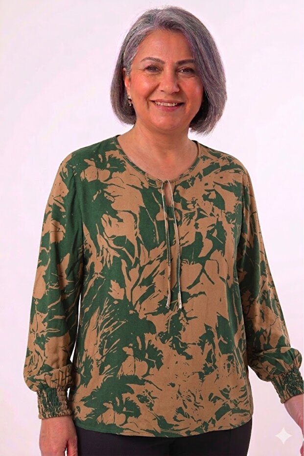 Plus Size Patterned Viscose Lace-Up Short Shirt Blouse