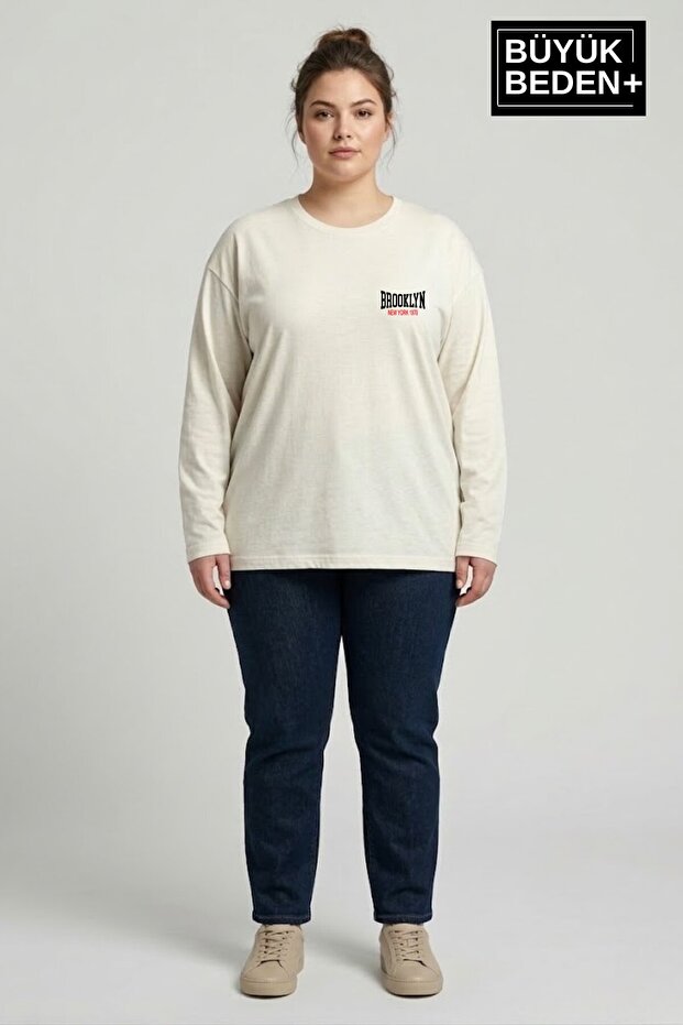Women's Large Size Medium Brooklyn Printed 2 Thread Crew Neck T-Shirt Spr26Beak942-3