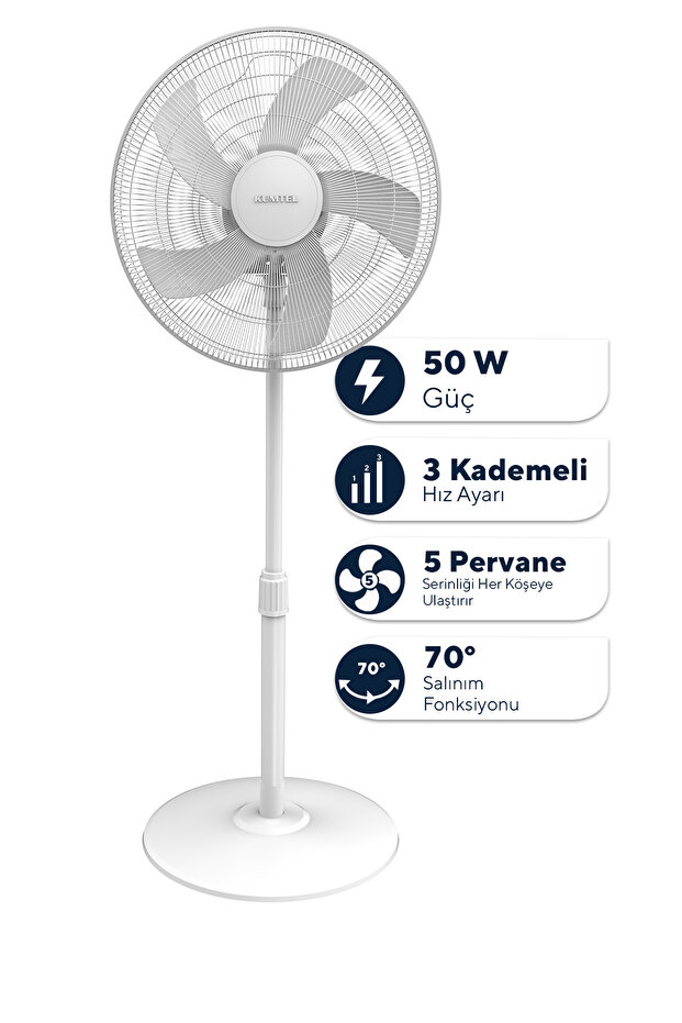KUMTEL KTF-350 Beyaz 16 İnç Ayaklı Vantilatör 50 W, 5 Pervaneli, 3 Kademeli, 121 cm Yükseklik