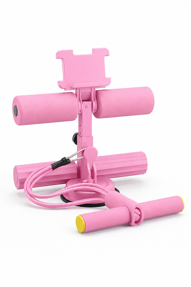 Pink Home Abs Exercise Support Bar with Floor Suction Base, Pull Ropes and Multi-Level Adjustment