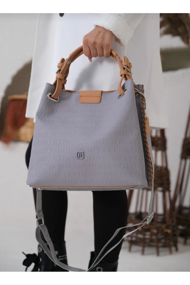 Women's Gray Braided 5-Compartment Hand and Shoulder Bag