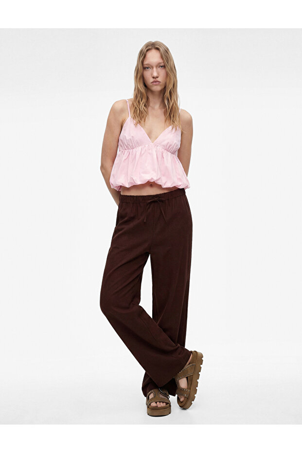 Comfortable Fit, Lace-Up Waist, Wide-Leg Linen Blend Pants