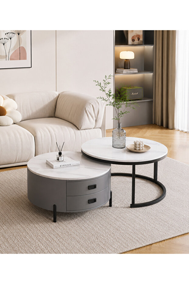 Light luxury modern simple round small apartment coffee table rock plate 70cm Grey&White