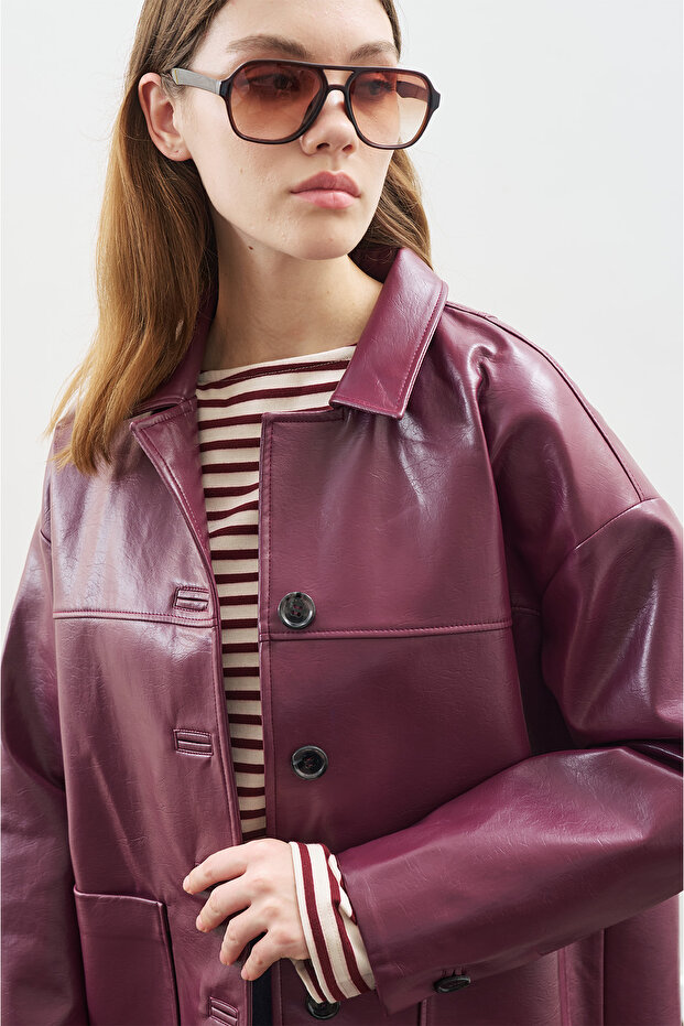 Classic Cut Leather Jacket Mürdüm - 4