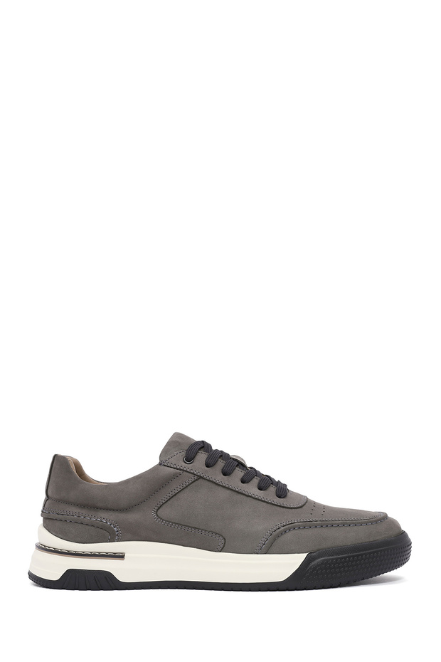 Men's Gray Lace-Up Thick Sole Sports Shoes, Nubuck Genuine Leather Sneaker 25Sfd6110V3