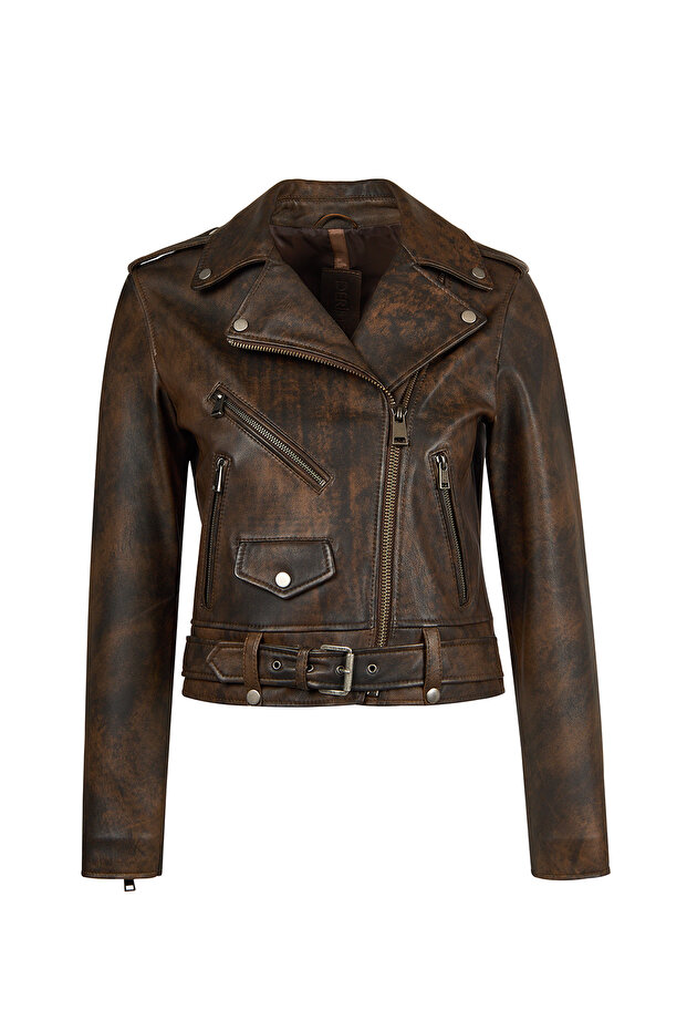 Newage Women's Brown Slim-Fit Biker Leather Jacket 26Sgd5983Vd