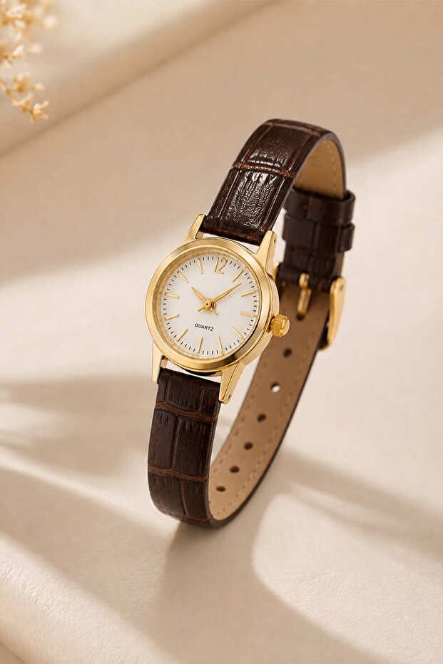 Uggys Minimal Coffee Leather Corded Gold Case Round Women's Wristwatch