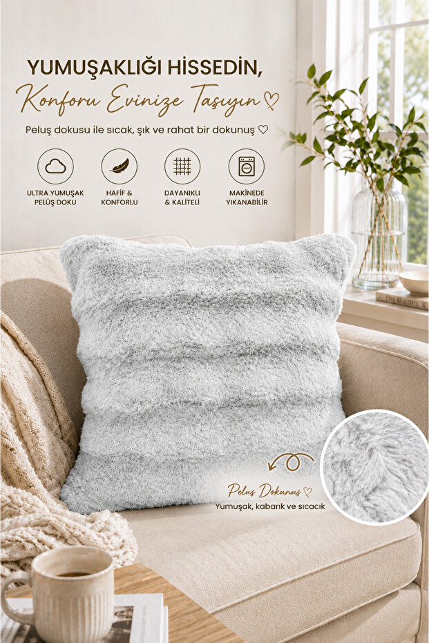 Rabbit Feather Throw Pillow Cover Set of 2 | 45X45 cm | Plush Soft Textured | Decorative, Modern and Stylish Design