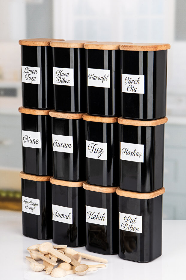 250 ml Vacuumed Bamboo - 12-Piece Black Acrylic Set with Wooden Lid and Spoon with Label Gift