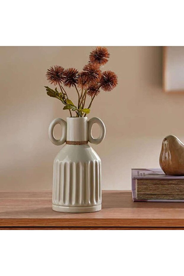 Alaya Ceramic Ribbed Vase With Two Handle 9.3x9.3x17.4cm - Ivory