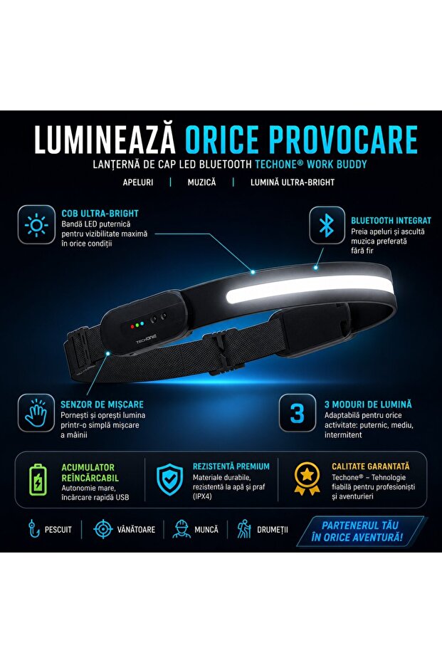 Lanternă frontală cu LED-uri Bluetooth Work Buddy - 2