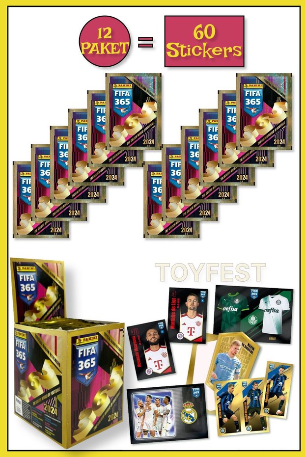 Panini Fifa 365 2024 Football Player Stickers Cards - 12 Pack (60 Stickers)