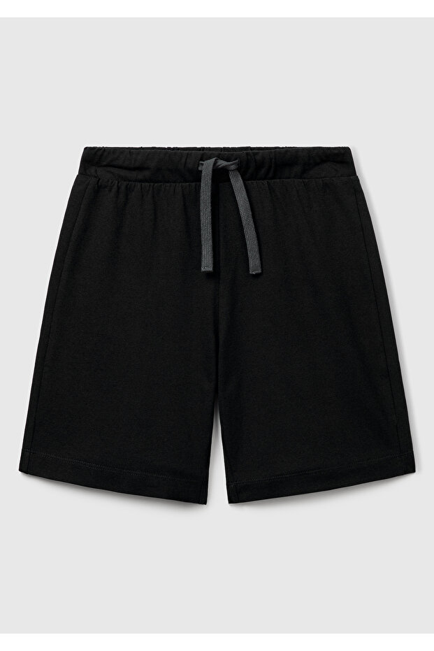 Boy's Black Back Pocket Logo Printed Waist Drawstring Shorts