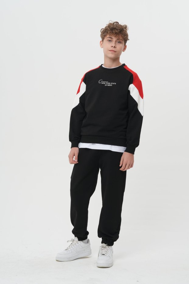 Boy's Crew Neck Sweatshirt with Text Print Detail, Black Top and Bottom Tracksuit Set, Ages 6-7-8-9-10