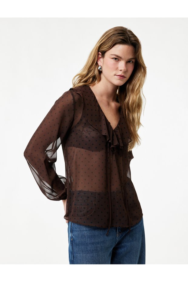Long Sleeve Ruffled Collar Flounce Polka Dot Blouse