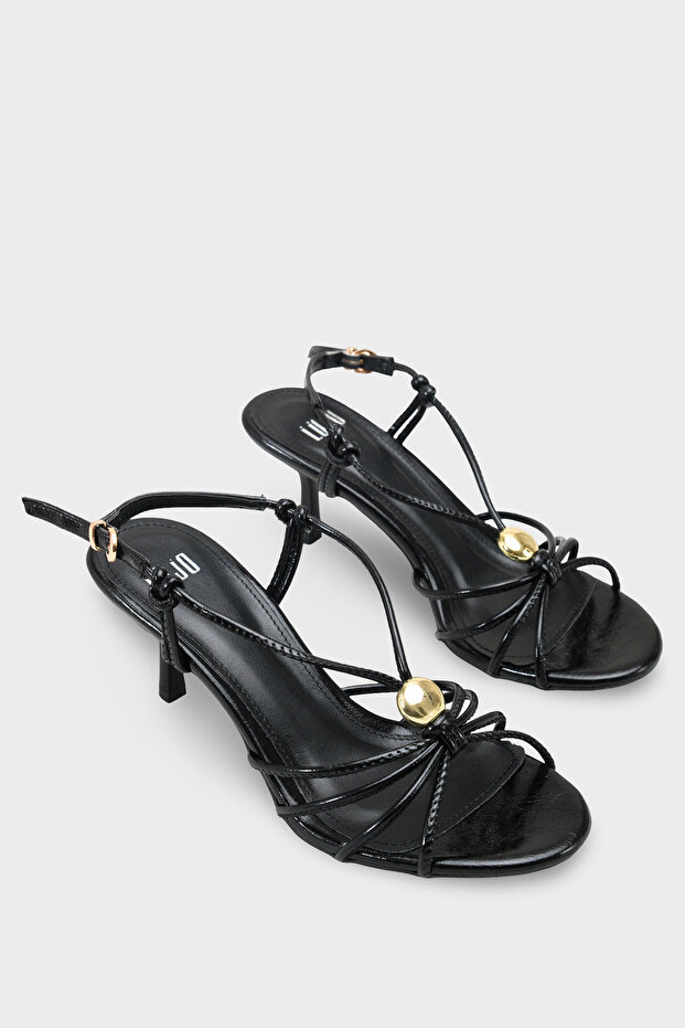 Women's Gold Buckle Detailed Thin Strap Heeled Sandals Limes Black