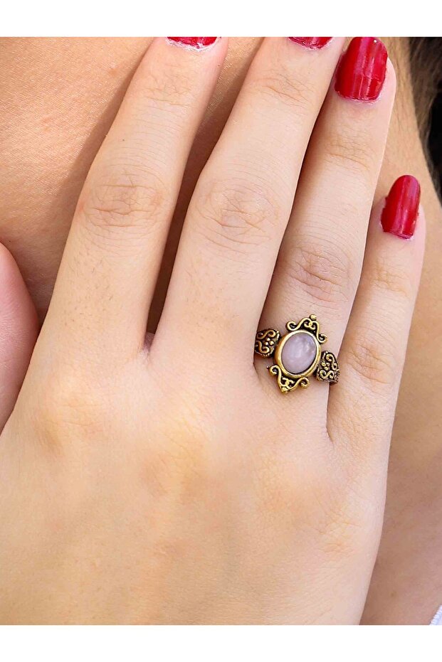 Natural Stone Pink Quartz Stone Antique Model Women's Adjustable Ring Euy78Pk