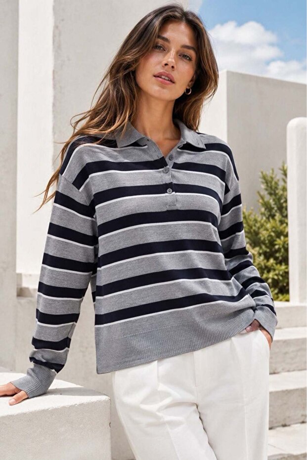 Gray Striped Polo Neck Buttoned Women's Sweater Mg2561