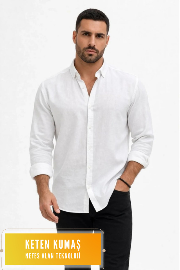 Oversize Seasonal Linen Textured Regular Fit Long Sleeve Comfortable Men's White Shirt