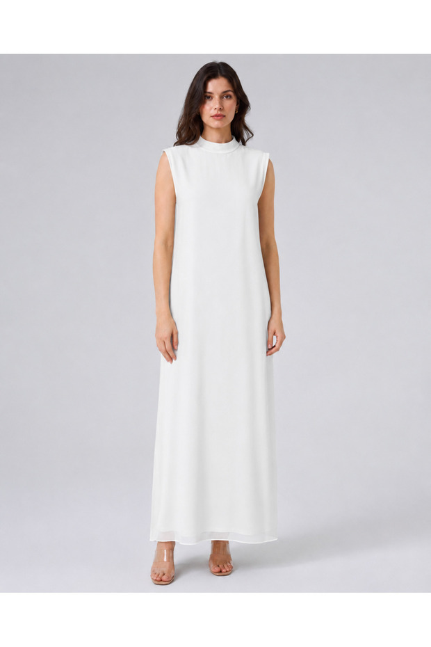 Ecru Sleeveless Straight Long Chiffon Dress 778