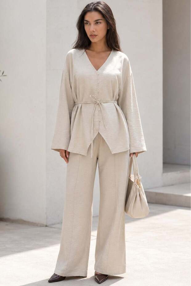 Ecru V-Neck Buttoned Belted Double Modal Women's Suit Mg2619