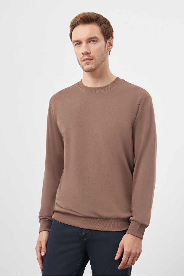 Men's Brown Basic Crew Neck Sweat-Shirt - 2