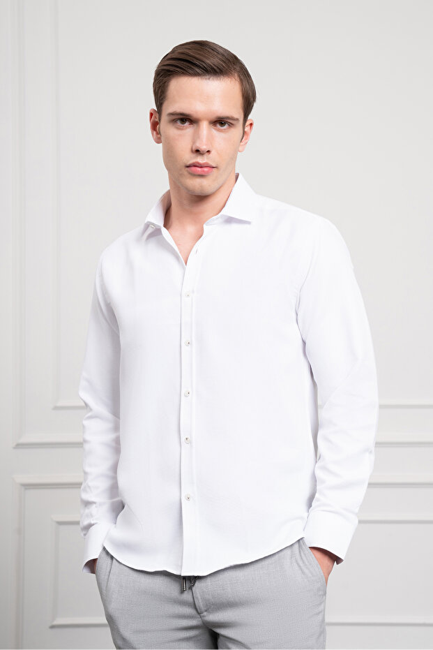 Men's White Trend Italian Collar Slim Fit Slim Fit Shirt