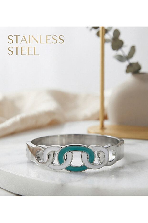 Steel Bracelet with Silver Color Turquoise/White Motif
