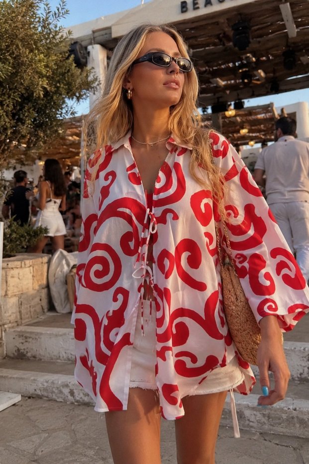 Women's Red-White Shirt Collar Front Lace-Up Kimono Shirt Arm-25K001006