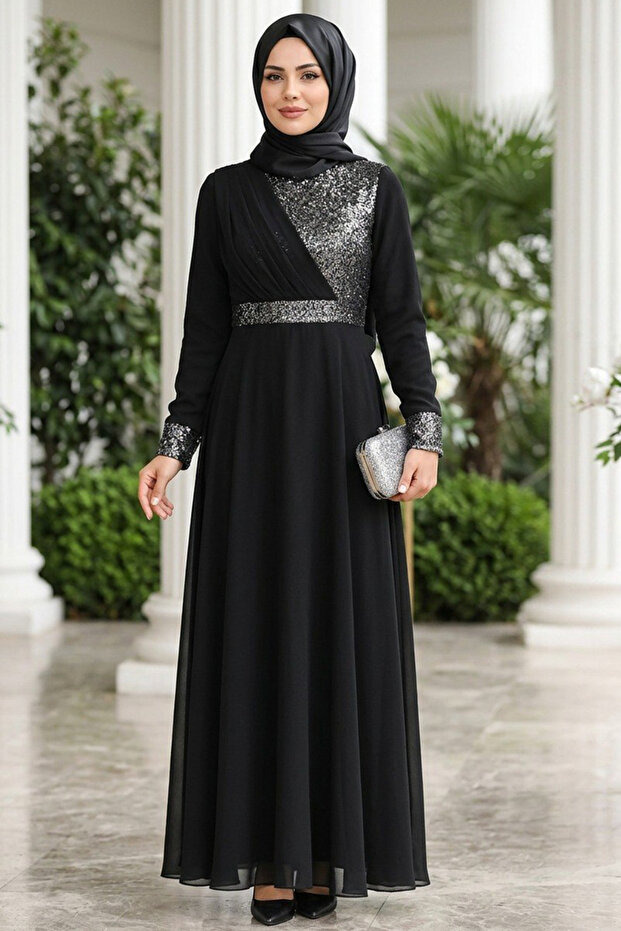 Sequin Embellished Silver Modest Evening Dress 5793GMS