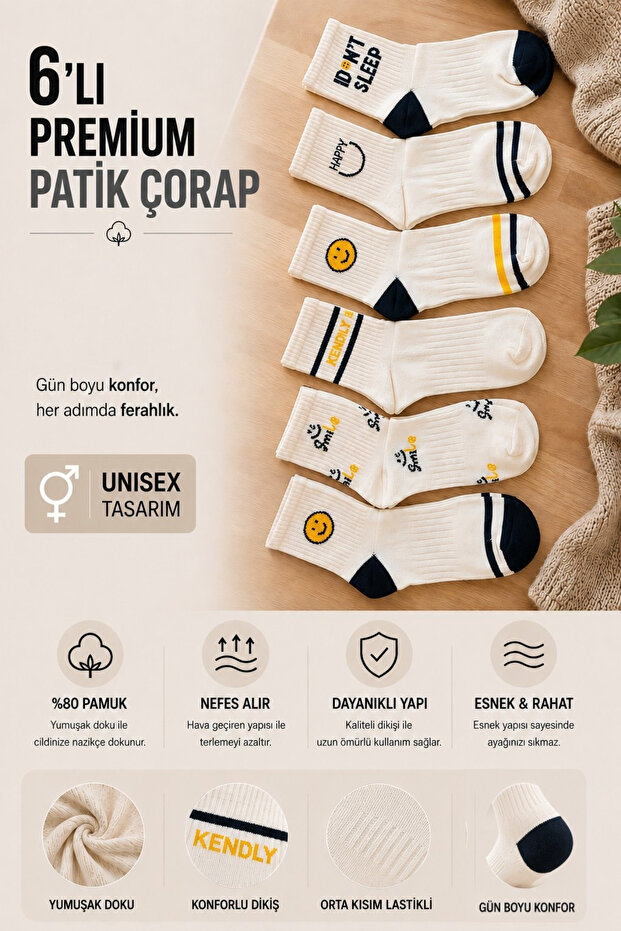 6 Pairs of Smile Patterned White Socks Colorful Unisex College Socks
