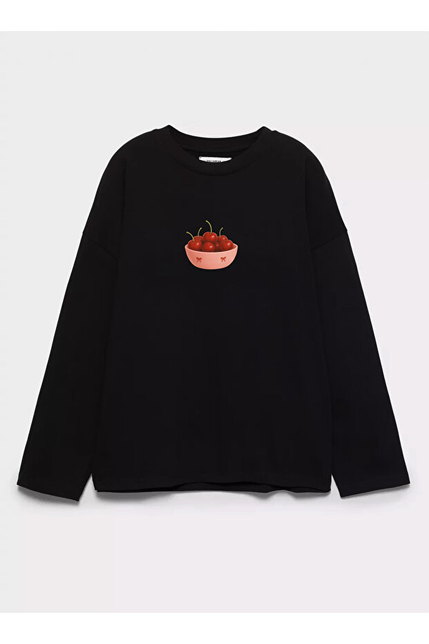 100% Cotton Oversize Fit Cherry Printed - Crew Neck Long Sleeve T-Shirt