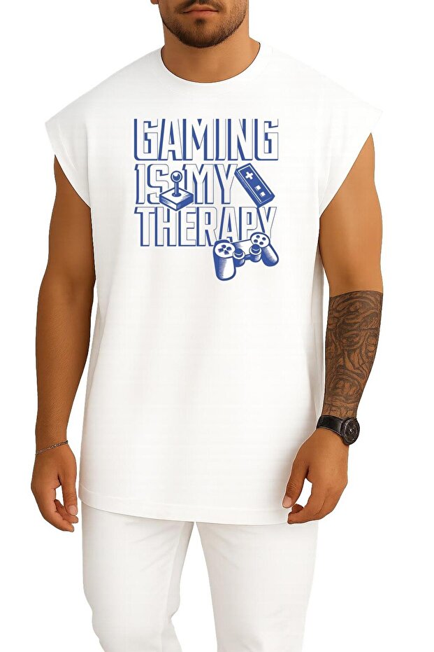 قصة فضفاضة Gaming İs My Therapy Göğüs B مطبوع Atlet