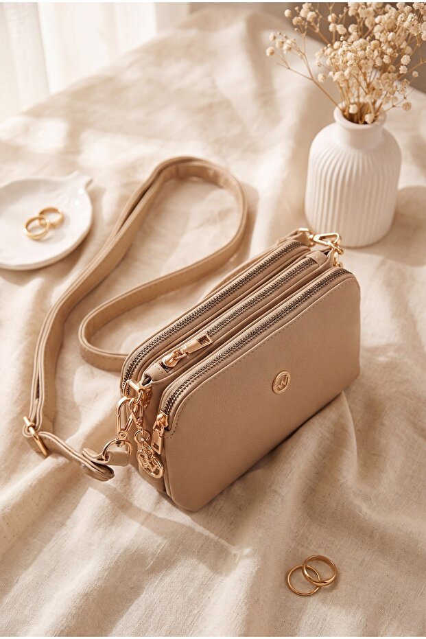 Three-Compartment Crossbody Bag with Middle Strap - Mink