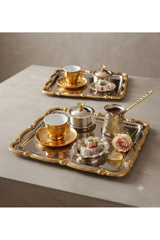 Stainless Steel 2-Piece Square Serving and Presentation Tray with Plastic Gold Frame