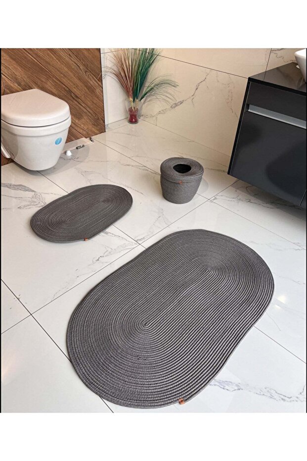 طقم حمام من خوص الجوت باللون الرمادي مقاس 40x60-60x100 سم مع سلة للنفايات هدية للعروس