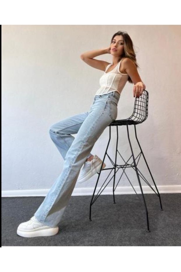 Zeylan Women's Light Blue High Waist Washed Wide Leg 90's Jeans Fit Fit Pants