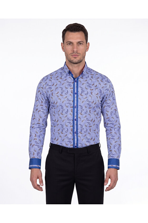 Men's Blue Striped Shawl Patterned Cuff Detailed Sporty Stylish Shirt