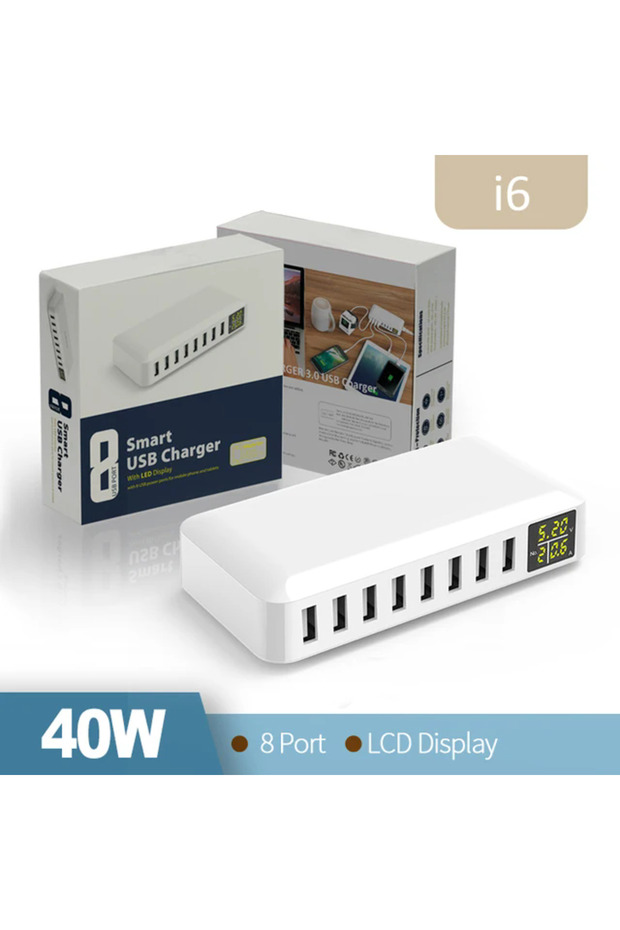 شاحن سريع USB بقوة 40 واط و8 منافذ USB، مزود بمقبس أوروبي وتقنية الشحن السريع QC3.0، مع شاشة LED، يدعم الشحن السريع الذكي.