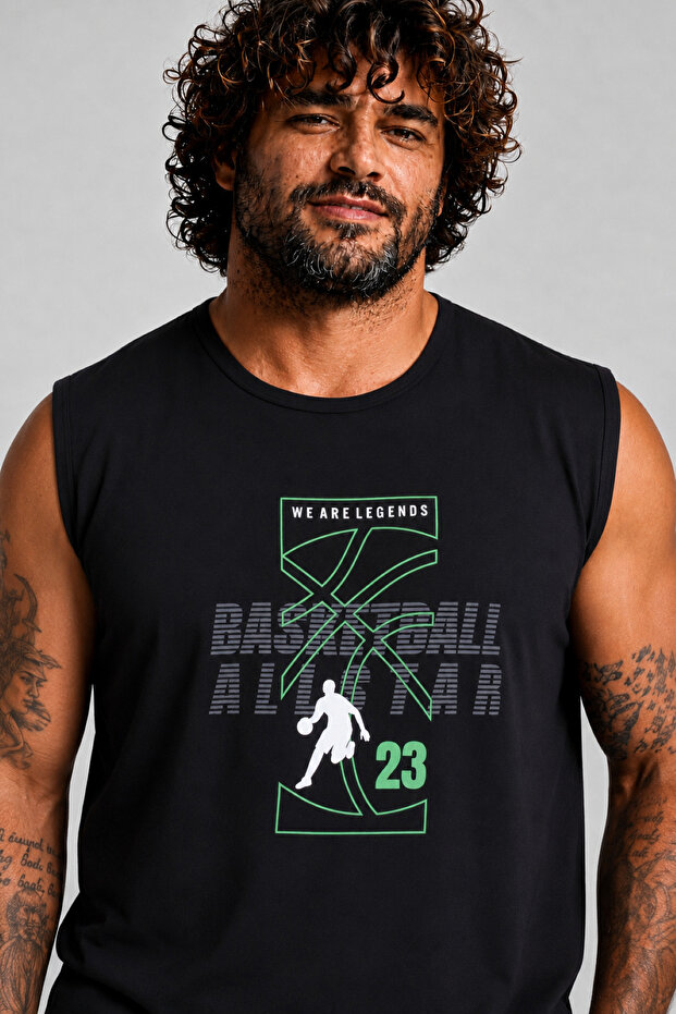 Large Size Printed Sleeveless T-Shirt Basketball 26123 Black