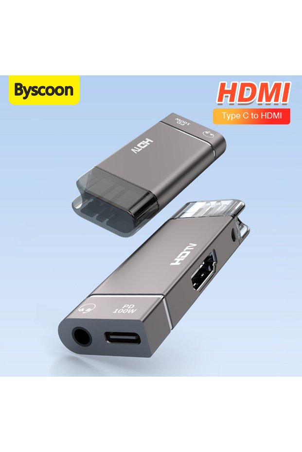 Grey PD 100W Type-C to HDMI Adapter 8K HD Phone Transmission Charging 3.5mm Headphone Adapter for Ma