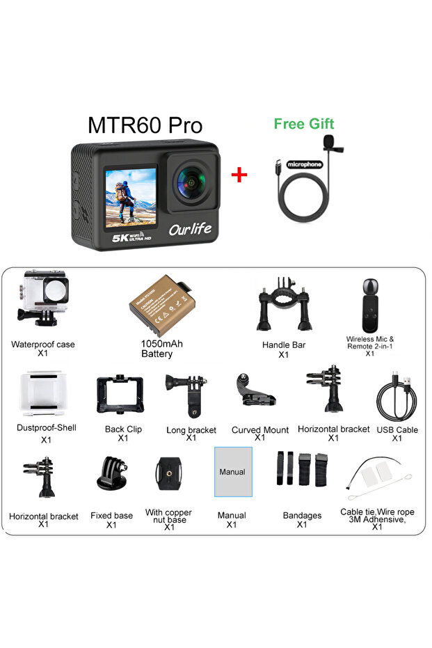 NO Card MTR60 Pro Mic Ourlife 5K30FPS Action Camera 2.0'' Touch LCD 170° DVR 30M Waterproof Remote C