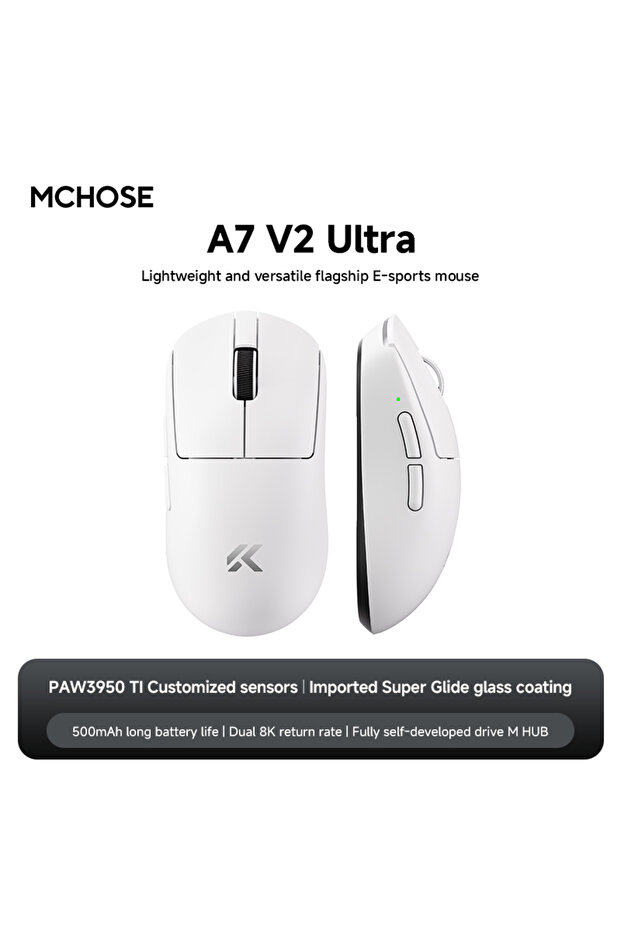 ماوس الألعاب اللاسلكي الجديد MCHOSE A7 V2 Ultra أبيض اللون، بلوتوث ثلاثي الأوضاع، تصميم مريح وخفيف الوزن