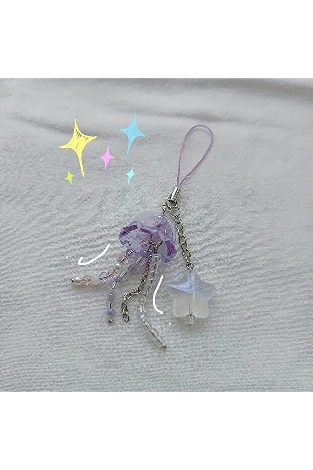 Purple Unique Jellyfish Star Pendant Phone Strap Lanyard Beaded Keychain Strap Backpack Charm Access