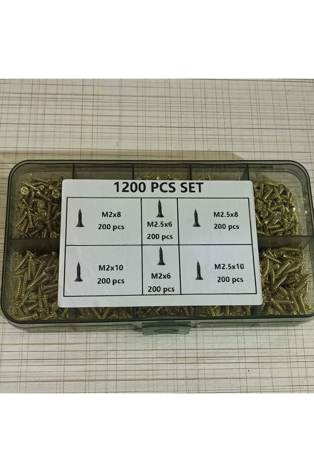 1200 قطعة من البراغي الصغيرة، تشمل براغي ذاتية اللولبة M2 و M2.5 بأحجام 5 مم و6 مم و7 مم