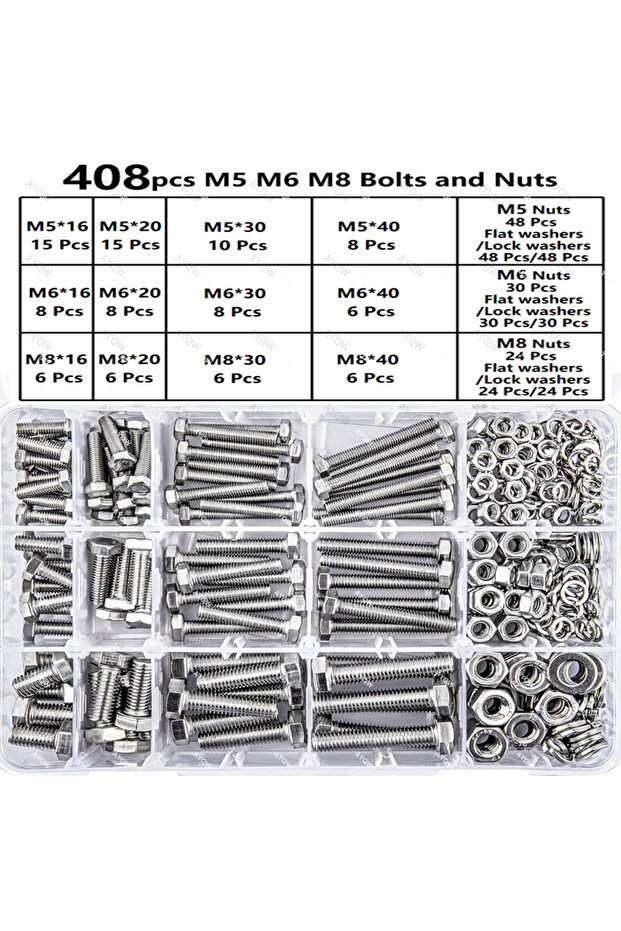 408pcs 408pcs M5 M6 M8 Bolt and Nut Combination Kit, 304 Stainless Steel Hex Metric Bolt Nut Washer