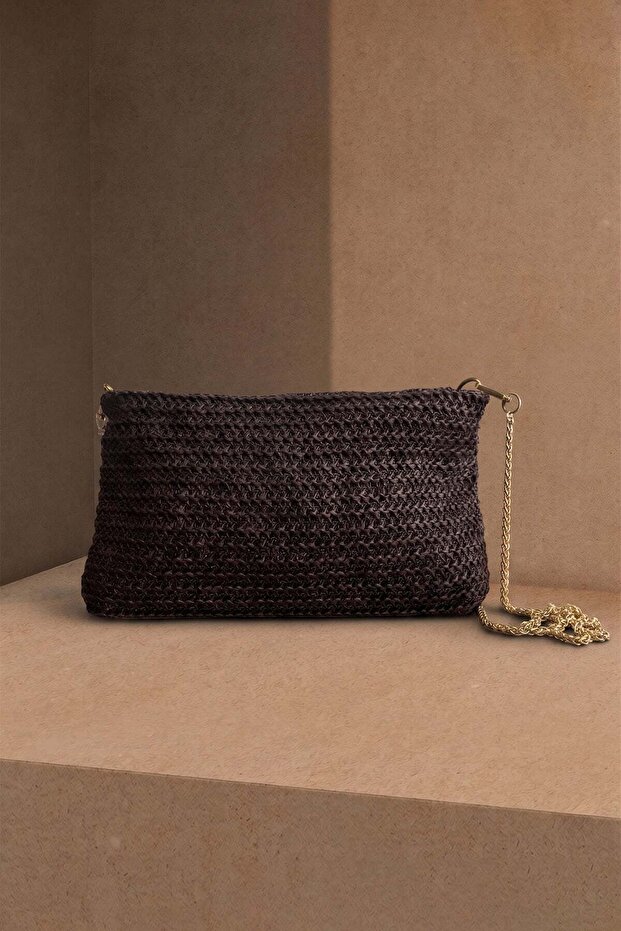 Wicker Portfolio Clutch Bag with Chain Strap